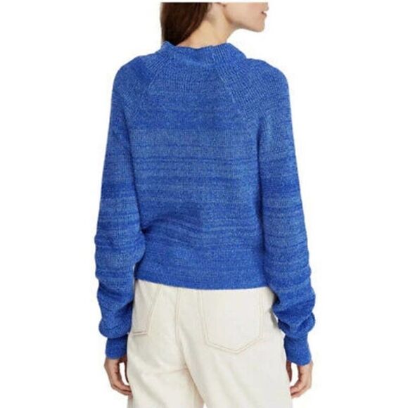 Free People Too Good Chunky Knit Mock Neck Pullover Sweater in Cobalt Blue SZ M - Picture 2 of 8
